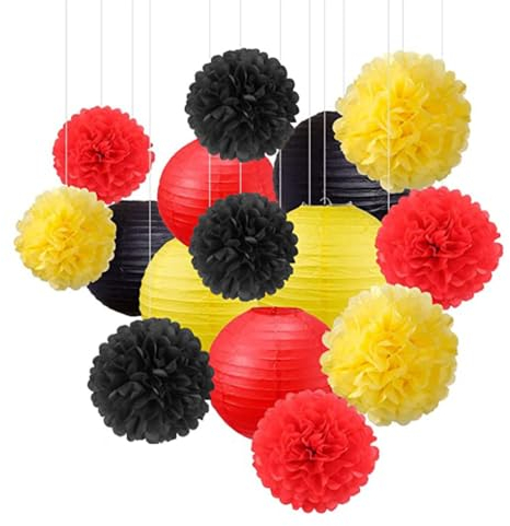 Wambere 15 Stück Seidenpapier Pompons Deko,Dekorpapier Blumenpuscheln Papier,Wabenbälle Dekorpapier,für Hochzeit Party Geburtstag Abschlussball Gartenparty Festival Deko,Rot Gelb Schwarz