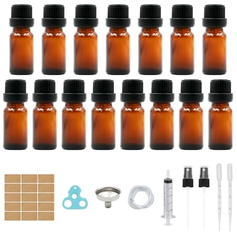 10ml-15Stk Braunglasflasche, Tropfflasche aus Glas Bernsteinglasflasche Apothekerflasche Set inkl.kleine Glasflaschen Tropfereinsatz Verschluss Trichter Spritze Etikett Hilfsmittel (Braun, 10ml-15Stk)
