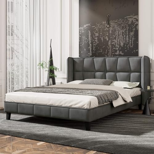 HYUB Polsterbett 180x200cm mit Bettgestell und Lattenrost, Doppelbett mit Rückenlehne, Holzlattenunterstützung, für Erwachsene & Jugendliche, Hautfreundlicher Samtstoff, Ohne Matratze, Grau