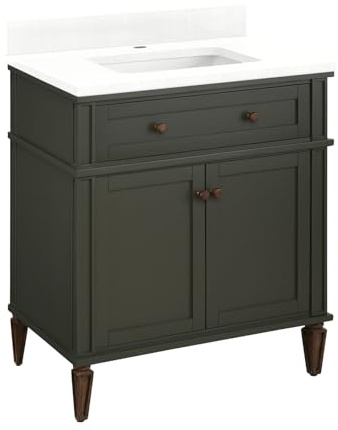 Signature Hardware 954001-30-RUMB-1 Elmdale 30 Freestanding Mahogany Single Basin Vanity Set with Cabinet, Vanity Top, and Rectangular Undermount Sink - Single Faucet Hole - Dark Olive Green /