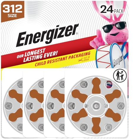 Energizer Hearing Aid Batteries Size 312, Brown Tab, 24 Pack
