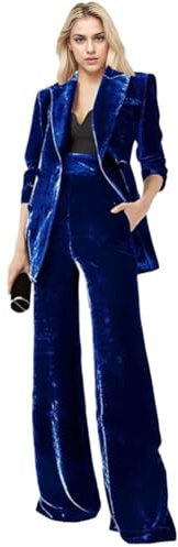 Botong - Completo da donna in velluto a 2 pezzi per ufficio, con risvolto dentellato, doppio petto, giacca e pantaloni da lavoro, Blu reale, S