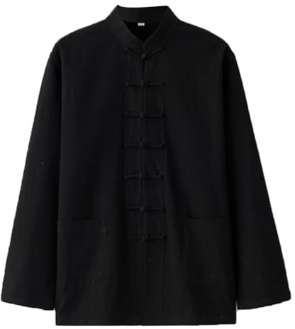 Baumwoll-Leinen-Tang-Anzug für Herren, Hanfu, chinesische traditionelle Kleidung, Kampfsport, Kung-Fu-Uniform, lange Ärmel, Tai-Chi-Uniform, Zen-Meditationskleidung, Mantel, Tops, Schwarz , XXXXL