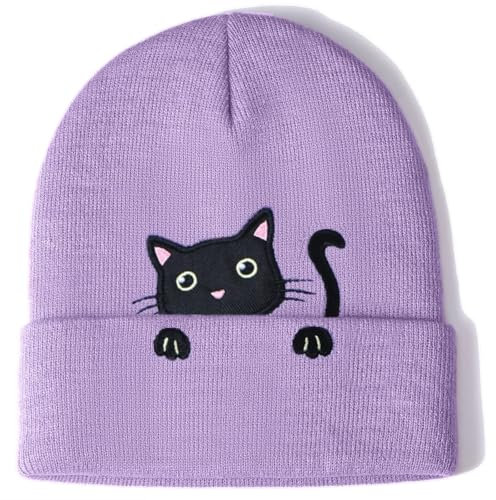 BelleVive Katzenmütze, Tier-Strickmützen, süße Geschenke für Katzenliebhaber, Katzenmütze für Winter, süße Katzenohrmütze für Frauen und Mädchen, Katzengeschenke für Katzenliebhaber, Lila