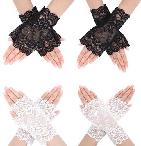 ODDerZZii Jahrestag Geschenk für Sie, 4 Paar Fingerlose Handschuhe Damen, Armstulpen Spitze, Weisse Handschuhe Damen und Spitzenhandschuhe Schwarz, Spitzenhandschuhe Weiß, Spitzen Handschuhe Schwarz