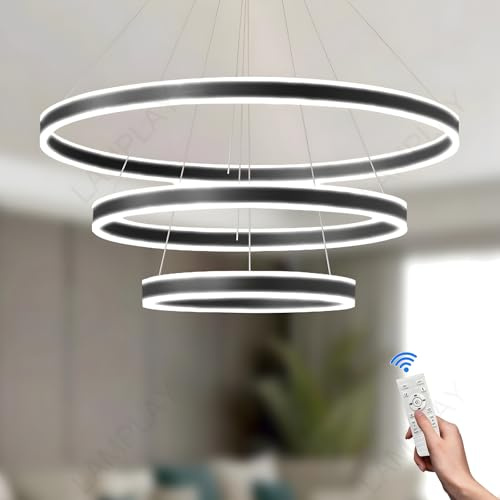 LAMPLAY Runde Moderne LED-Pendelleuchte, 3 Schwarzer Ring-Kronleuchter, Dimmbar Mit Fernbedienung 3000K-6000K Deckenleuchte, Höhenverstellbar, Foyer, Wohnzimmer, Schlafzimmer, Esszimmer(Ø60+80+100cm)