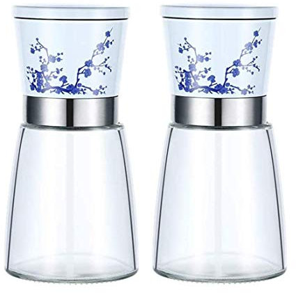 Juego de molinillos de sal y pimienta, salero y pimentero con cuerpo de vidrio y grosor de cerámica ajustable, paquete de 2, juego de molinillos de sal y pimienta de porcelana azul y blanca para cocin