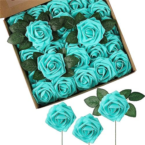 Blausky 1 Schachtel K黱stliche Blumen Rosen,50 St點k Fake Rosen mit Stielen,Deko Blumen K黱stliche Blumenk鰌fe,Schaumrosen Foamrosen Kunstblumen,f黵 Zuhause Dekoration Hochzeit Blumenstr鋟遝,Blau