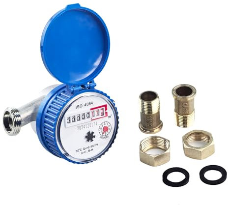 Wasserzähler Garten 1/2 Zoll, 15mm Kalt Wasseruhr Garten Geeicht Kaltwasserzähler mit Schutzhülle und Armaturen, Kaltwasserzähler Haushalt für Garten und Heimgebrauch mit Zeiger Und Digitalanzeige