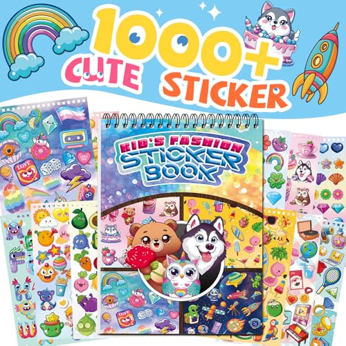 Kalysky 1000+ Stickers for Children, 30 Sheets Sprial Bound Sticker Book with Cute Animal Food Fruit Letter Stickers for Scrapbooking Water Bottles Rewarding Gifts