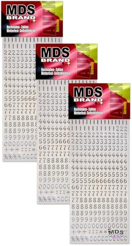 MDS Brand 8mm Zahlen Aufkleber Silber 0-9, Schriftgröße ca. 8 mm, selbstklebend, wetterfest, klein, Nummer Ziffer Klebezahlen Sticker Hausnummern aus Folie zum Aufkleben (3, Zahlen-Silber)