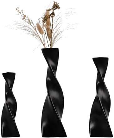 HSUYUN Vasenset, 3 Stück Blumen Vasen, Gedrehte Geometrie Blumenvase Modern, Schwarze Keramik Vase, für Wohnzimmer, Esszimmer, Schlafzimmer und Arbeitszimmer