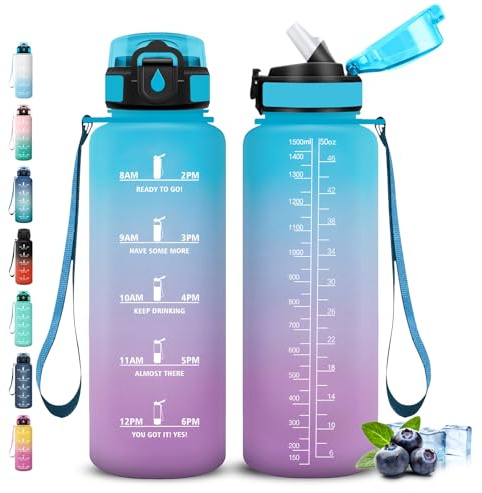 Grsta Borraccia 1,5 litri, Borraccia con Cannuccia, Senza Perdite, Borraccie Palestra, Facile da Pulire, Borraccie Motivazionale, Borracce con Chiusura di Sicurezza, per Fitness, Viaggio, Campeggio