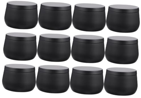 LOPUNER 12oz Round Tinplate Storage Canister with Lid, Airtight Candy and Tea Jars for Sundries and Jewelry Holder, Black Metal Craft Containers 12pcs for Kitchen and Home Organization
