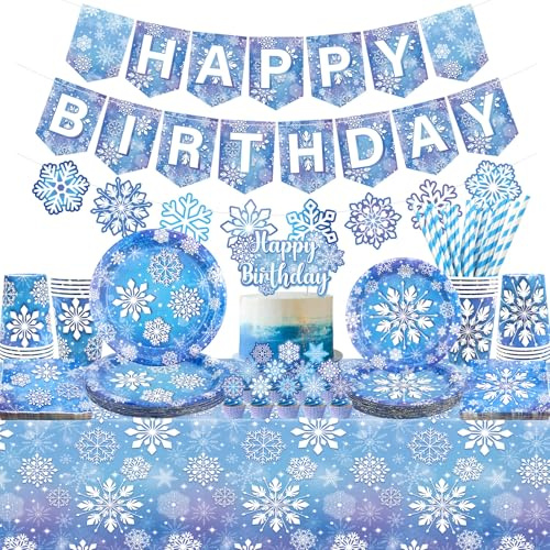 Winter Schneeflocke Partydekorationen, einschließlich Happy Birthday-Banner, Kuchendekorationen, Geschirr, Tischdecken für eine Schneeflocke Winterwunderland Party, für 20 Personen