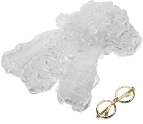 VERDANVERSE Weiße Richterperücke mit Goldgerahmter Brille Synthetische Lange Lockige Perücke für Anwalt und Richter Elastischer Sitz für Kostüm Halloweenpartys Authentisches