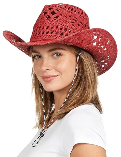 GEMVIE Cowboy Cowgirl Summer Straw Hat Wide Brim Hollow Out Cowboy Beach Sun Hats for Women Ladies Red