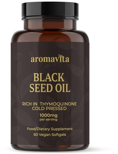 Aromavita Huile de Nigelle 1000 mg en Gélules – Graines de Cumin Noir pressées à froid (Nigella sativa) avec 1,8% de Thymoquinone – 60 Gélules Végétales – Sans OGM, Sans Gluten