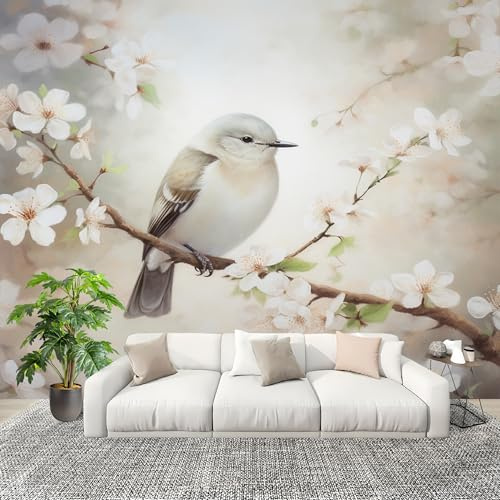 Non autoadesivo Carta da Parati Fotografica 200x140 cm Campagna Fiori Uccelli Facile Installazione Decorazione Parete Grande Fotomurali Bianco HD Resistente UV Rimovibile Murale