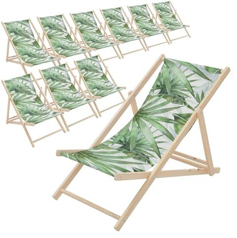 ECD Germany 10er Set Liegestuhl klappbar, Palme Grün-Weiß, Strandliege aus Holz, Sonnenliege mit verstellbarer Rückenlehne, Strandstuhl bis 120kg, Gartenliege, Relaxliege für Garten, Balkon & Terrasse