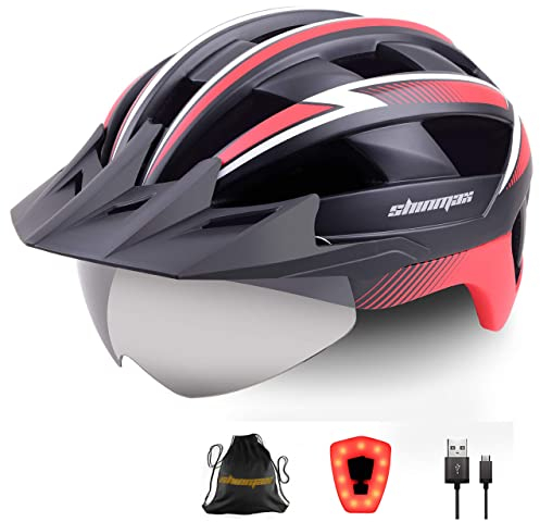 Shinmax Fahrradhelm für Herren Damen MTB Fahrradhelm mit LED USB Rücklicht Radhelm mit Visier Magnetischem Abnehmbarem Schutzbrille Mountainbike Helm Fahrradhelme Einstellbarer 57-62 cm