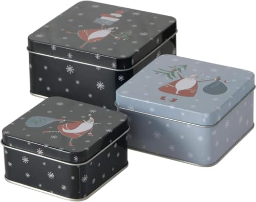 3er Set Metall Keksdose Plätzchendose eckig schwarz grau Weihnachtsmann sortiert 9-12cm