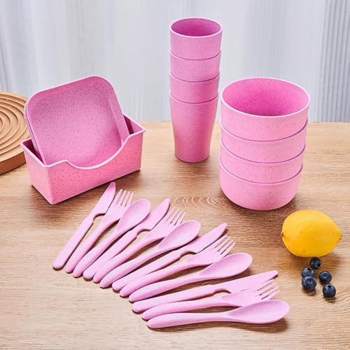 OriGlam 25pcs Plates and Bowls Set, Plastic Dinnerware Set for Picnic, Party, Camping - Microwave Safe (Pink)