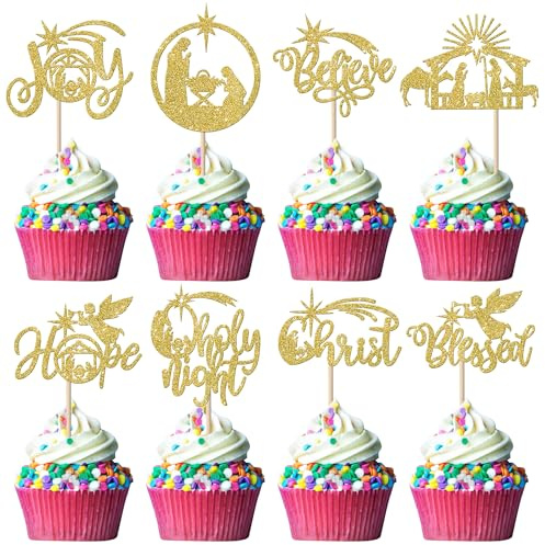 Rsstarxi 24 Pack Jesus Christmas Cupcake Toppers Gold Holy Nativity Hope Believe Christ Blessed Cupcake Picks Jesus Birthday Cake Decorations for Religion Christmas Party Decorations