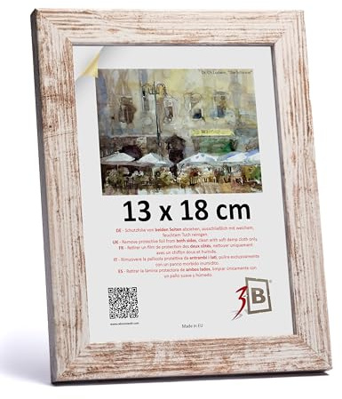 3-B Bilderrahmen HIT - Weiß Rustikal (optisch gealtertes Weiß mit sichtbarer Holzmaserung) - 13x18 cm - Holzrahmen, Fotorahmen, Portraitrahmen mit Acrylglas