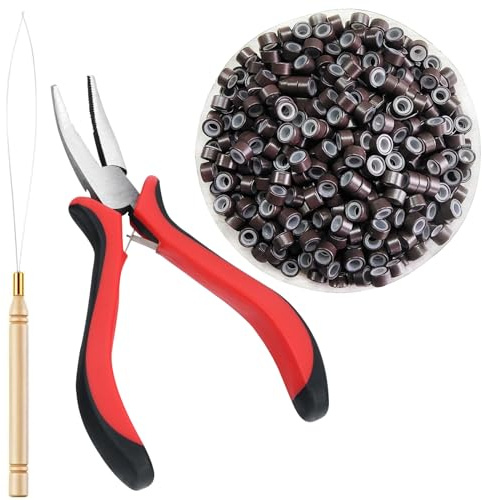 FEXPDL Hair Extension Pliers Kit, 200pcs Nano Bead Threader Tool, 2 Pack Metal Hair Extension Tools, Micro Beads (Brown 5mm)
