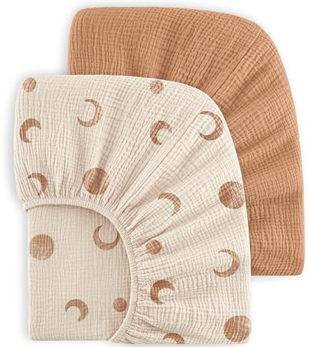 bearmoss Lot de 2 draps-Housses en Mousseline de Coton pour Enfant 60 x 120 cm / 70 x 140 cm 100% Coton pour lit de Voyage, lit d'appoint (Lune Brune, 70x140cm)