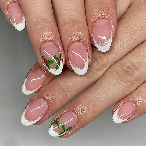 MouyouGlow Press on Nails Kurz,Oval Nude Weiß French Biling Grünes Blatt Weihnachten Neujahr Christmas XMAS Fake Nails mit Nagelkleber,Glänzend White Holiday Künstliche Fingernägel