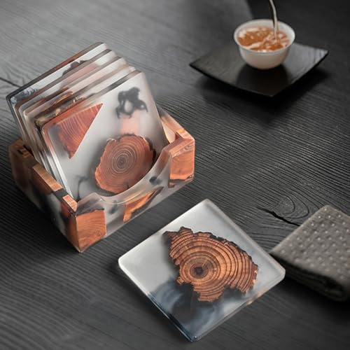 Runde/Platz Untersetzer für Gläser 6er Set inkl, Halter, Design Glasuntersetzer aus Holz/Epoxidharz, Glasuntersetzer, Untersetzer Holz, Edle Tischuntersetzer für Getränke, Tassen, Bar (Quadratisch)