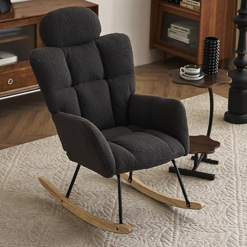 DEKKETO Stillstuhl Schaukelstuhl mit Kopfstütze, Teddy Schaukelsessel für Wohnzimmer, Bequemer Lesesessel aus Holz, Dunkelgrau