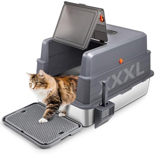 Bartuke Extra stor kattsandlåda i rostfritt stål med lock, XXL sluten kattlåda i metall med skräp och fotpedal, luktkontroll, enkel rengöring för stora/flera katter