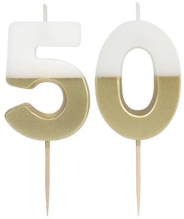 Talking Tables White and Gold Number 50 Birthday Candles for Cakes, Cake Topper Decoration, Premium Quality, One and Six Candles, Anniversary Party, Milestone Age, 5.5 cm Height, Recycled Packaging