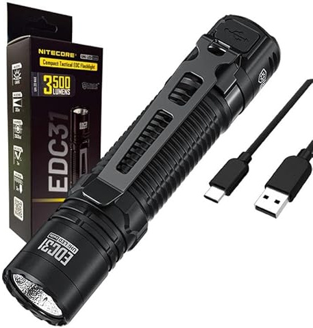 Nitecore EDC31 EDC31 Kompakte EDC-Taschenlampe, 3.500 Lumen, 380 m Strahl, wiederaufladbar, IP68 wasserdicht, 4 Helligkeitsmodi mit ECO-Sensa USB-C-Ladekabel