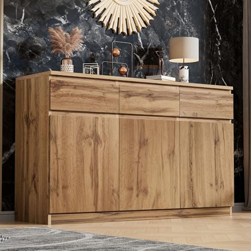 Lcoho Multifunktionale Anrichte, dekorativer Schrank in originaler Holzoptik mit 3 Türen und 3 Schubladen, geräumiger Küchen-Dielenschrank, 135 * 40 * 81cm