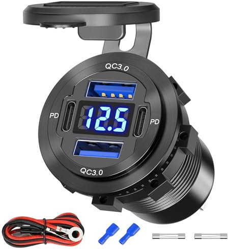 Cargador de coche USB de 84 W, 4 puertos, 12 V/24 V, con doble PD3.0 y doble QC3.0, carga rápida, aleación de aluminio, impermeable, salida USB C con voltímetro LED, compatible con coches, barcos