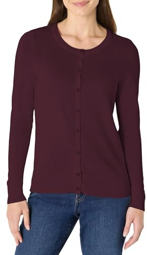 Amazon Essentials Women's Lätt cardigan tröja med rund hals (finns i plusstorlek), Vinröd, XS