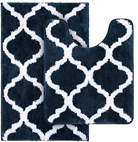 OLANLY Bathroom Rugs Set 2 Piece, Microfiber Bath Shower Mat and U-Shaped Toilet Rug, Machine Wash Dry, Non-Slip Absorbent Shaggy Bath Mats for Tub, Shower and Bathroom (30x20+24x20, Navy)