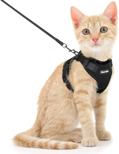 Dooradar Katzengeschirr mit Leine Ausbruchsicher, Katzenleine mit Geschirr für Katzen Mittelgroße, Reflektierend, Katzengeschirr Große Katze, XS, Schwarz