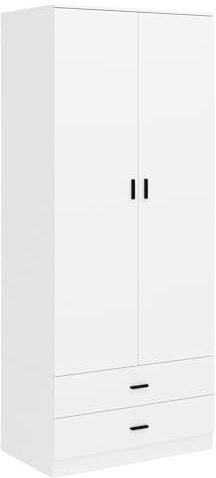 URBNLIVING Tall Wooden 2 Door Wardrobe With 2 Drawers Bedroom Storage Hanging Bar Clothes (White Carcass + White Drawers)