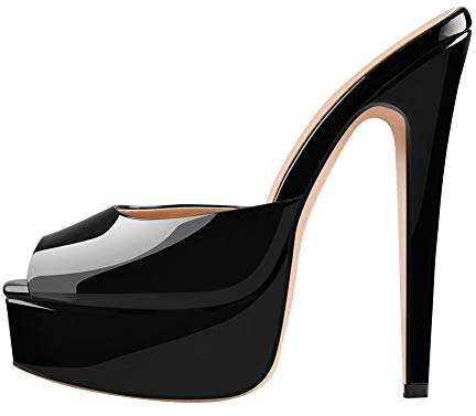 Only maker Damen Peeptoe Sandaletten High Heel Stiletto Pantoletten Eckige Sandalen Lack Schwarz 38 EU