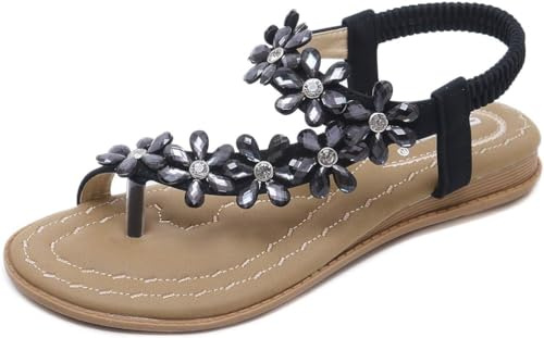 Zoerea Sandali Piatti da Donna da Estate Strass Fiore Bohemia Flip Flop Spiaggia Estivi Scarpe Casual Open Toe Tacco Piatto Stile 2 Nero,37 EU