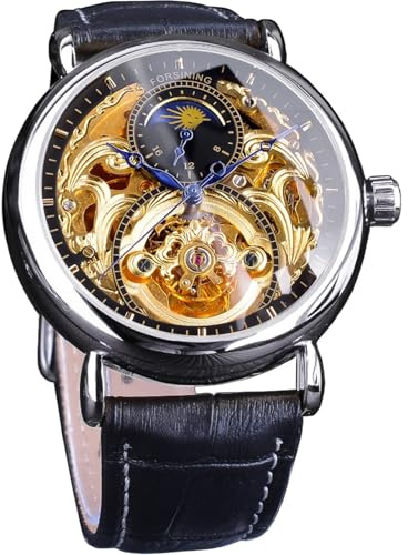 FORSINING Luxury Men's Watch with Moon Phase & Tourbillon, Retro Skeleton Hollow Self-Wind Mechanical Wristwatch, Leather Belt Automatic Movement Men Watches, Silver Black