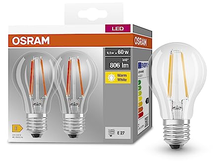 OSRAM BASE CLASSIC A FIL 60 LED-Lampe mit Sockel E27, klassische Kolbenform, Doppelpack, 6,5W, 806lm, 2700K, warmweißes Licht, geringe Wärmeentwicklung, lange Lebensdauer, geringer Energieverbrauch