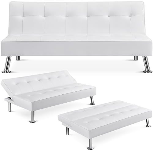 Soberine Divano Letto Imbottito a 2 Posti Convertibile in Letto 105°-180°da Soggiorno/Stanza Ospiti per Lettura/TV/Riposo Divano Moderno da Salotto (Finta Pelle, Bianco)