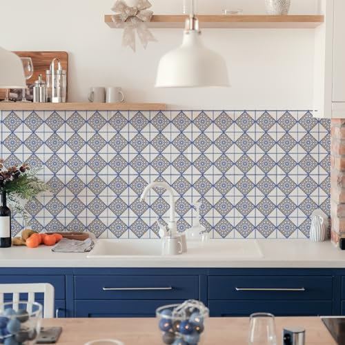 Fliesenaufkleber Retro Blau Pvc Klebefliesen Küche,Wasserfest Fliesenaufkleber Bad,Diy Selbstklebende Fliesen Für Bad & Küche,Fliesensticker Für Küchenrückwand 20 Stück(15x15cm)