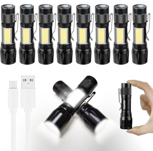 KunHe 10 Pack USB-C Rechargeable Mini LED Torch, Compact High Lumen EDC Torches with COB Side Light, Zoomable Clip-On Torch for Camping, Emergencies & Gifts